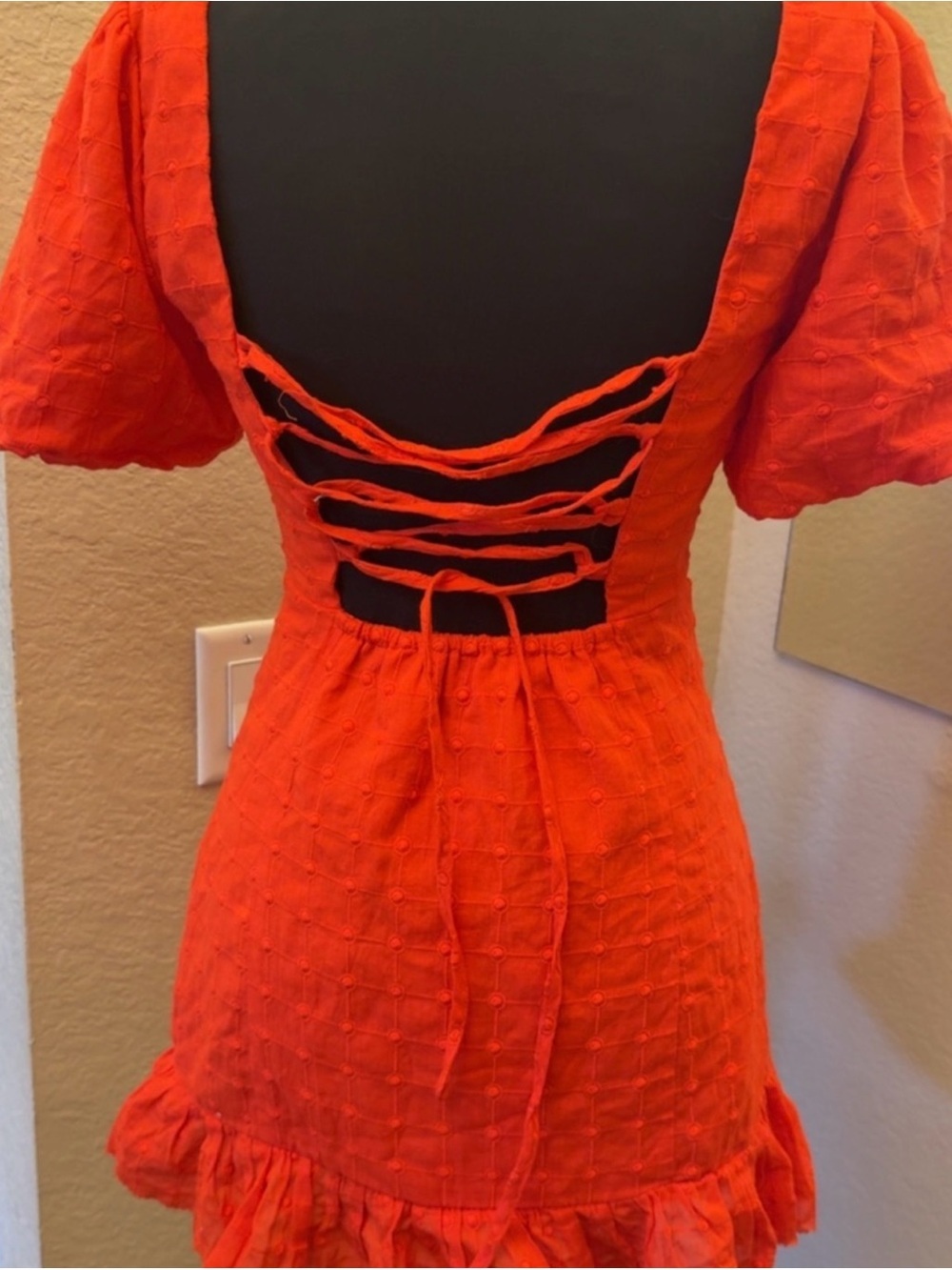 Square Neck Red Orange Puff Sleeve Mini Dress - Picture 14 of 16